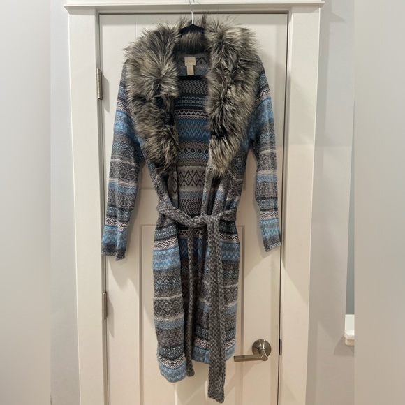 Chico’s Elaine Cardigan Duster with fur Blue Size 2 (Large) - Picture 1 of 14
